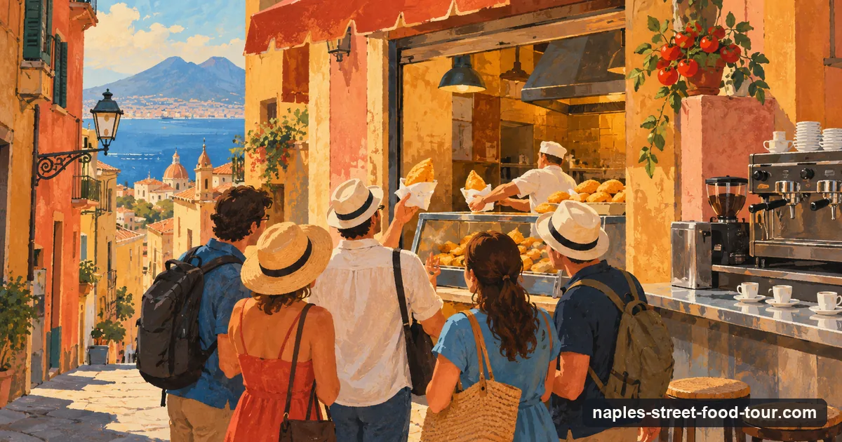 Illustration: a small tour group seen from behind at a Naples fry-shop window, with folded pizzas handed over the counter