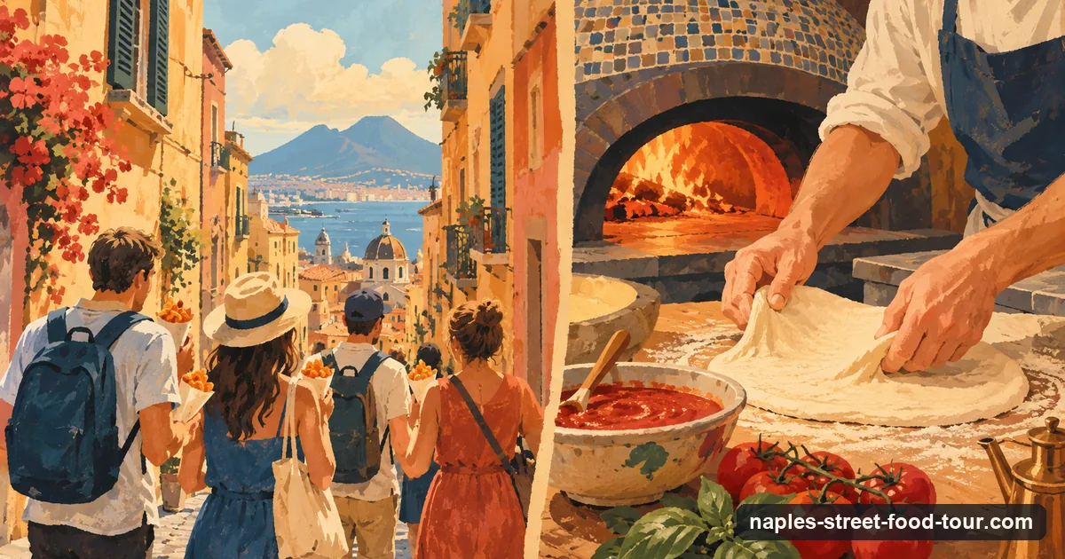 Illustration: on the left a group eating street food in a narrow lane, on the right hands stretching pizza dough beside a wood-fired oven