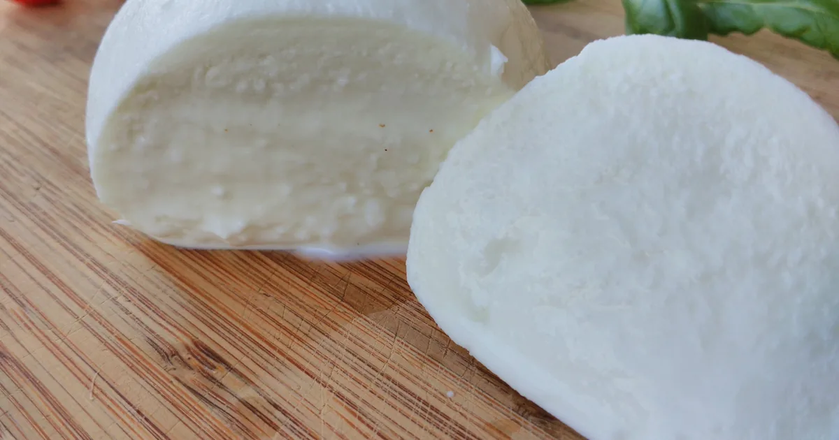 Two balls of fresh white mozzarella on a wooden board with tomatoes and basil