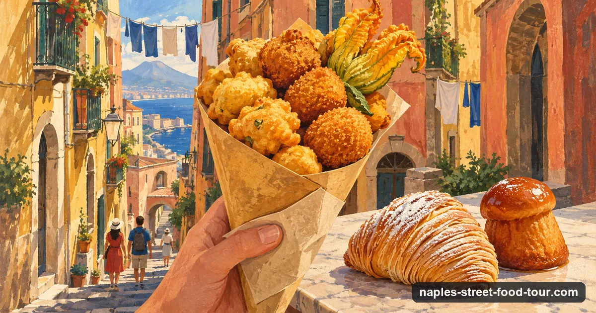 Illustration: a paper cone of fried croquettes, fritters and zucchini flowers in a narrow Naples lane, with a sfogliatella and a baba on a marble counter