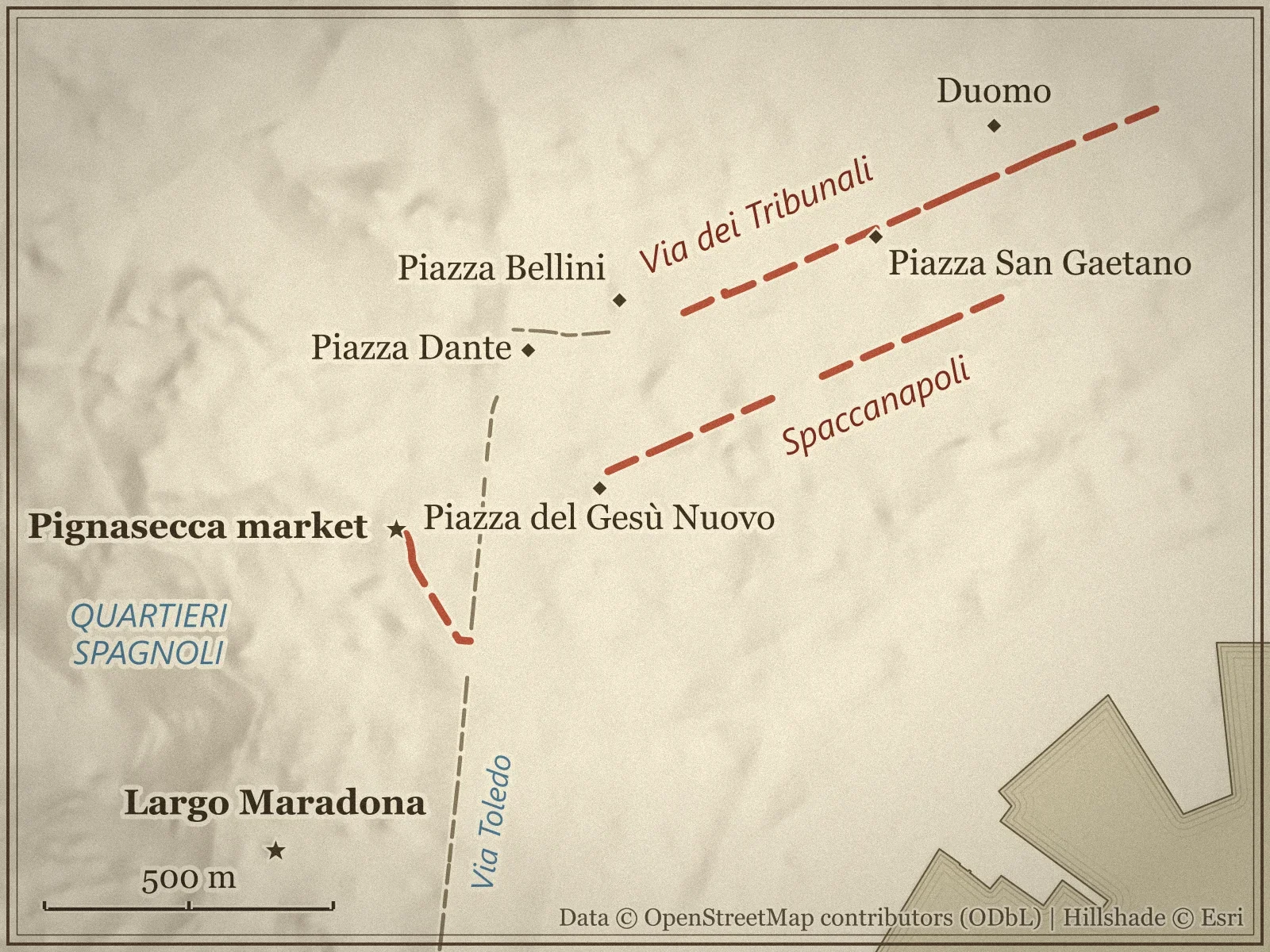 Map of the old centre of Naples marking Via dei Tribunali, Spaccanapoli, Via Toledo, the Pignasecca market, the Quartieri Spagnoli and Largo Maradona, with Piazza Bellini, Piazza Dante, Piazza del Gesù Nuovo, Piazza San Gaetano and the Duomo