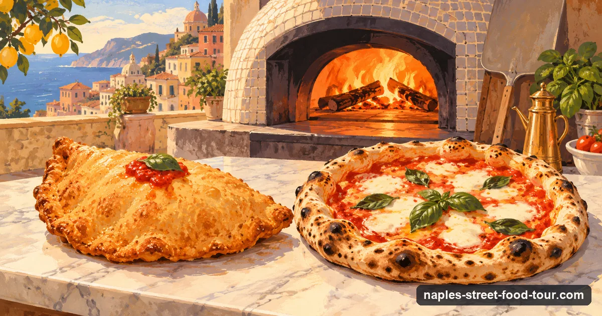 Illustration: a golden fried pizza beside a wood-fired margherita, with a domed pizza oven glowing behind