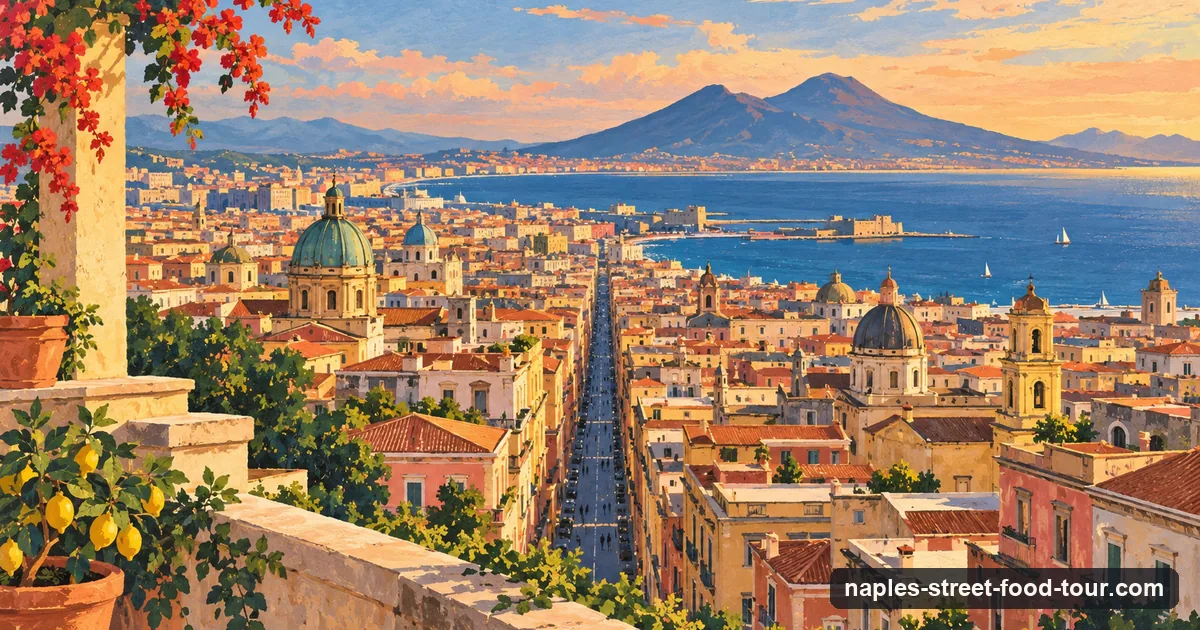 Illustration: the long straight line of Spaccanapoli cutting through the old centre of Naples, with Vesuvius across the bay