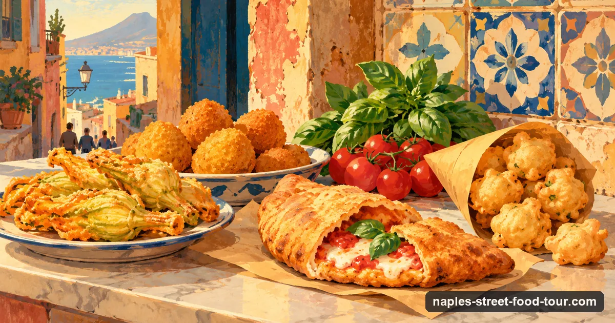 Illustration: fried zucchini flowers, potato croquettes, a folded tomato pizza and dough fritters on a marble counter